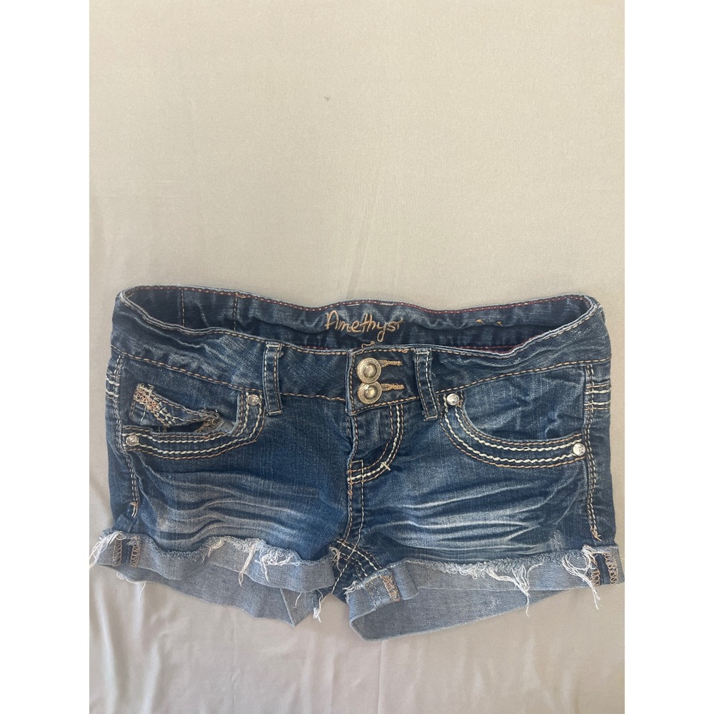 Amethyst Women Dark Wash Embroidered Low Rise Denim Cut Off Shorts Size 1